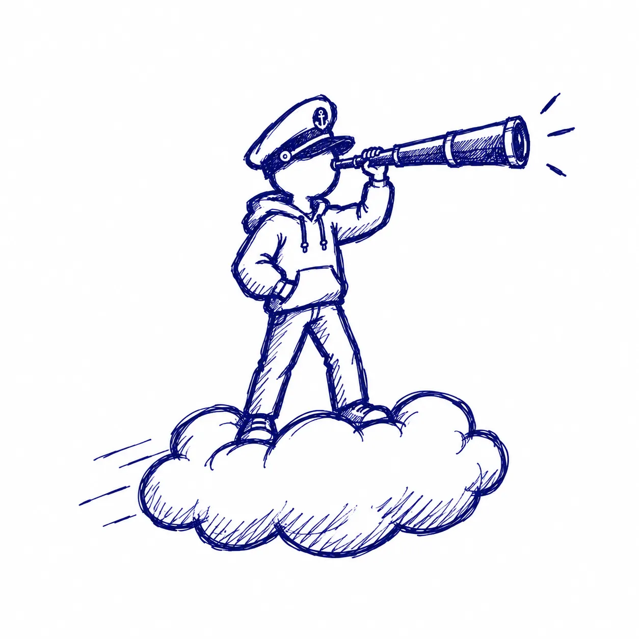 A doodle of a captain scouting ahead through a telescope, standing on a cloud